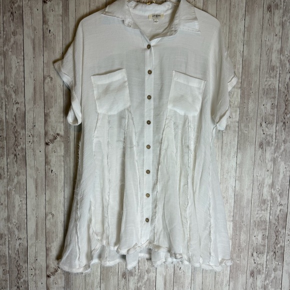 Tops - Umgee White Boho Semi Sheer Rayon Frayed-Edge Button Up Tunic Blouse Large
